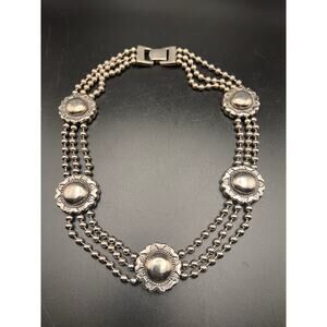 Vintage silver tone metal bold necklace 3 strand medallions Southwest statement